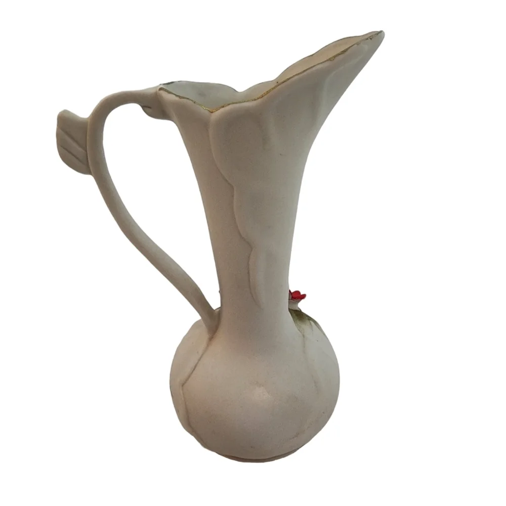 VINTAGE White Red Roses Bisque Pitcher Vase